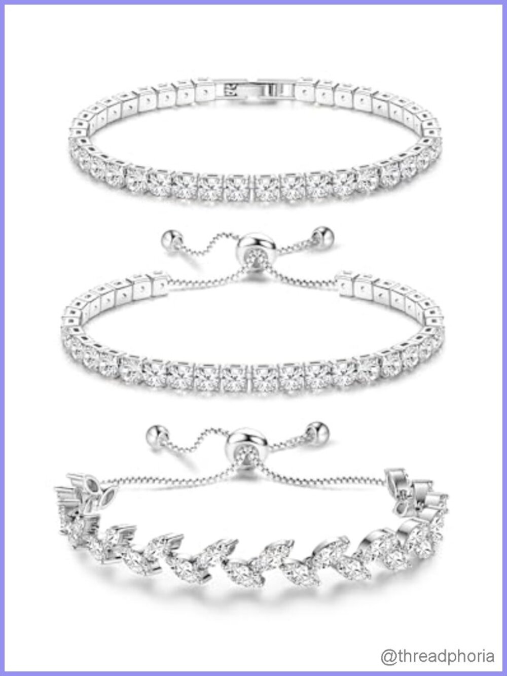 3Pc Cubic Zirconia Tennis Bracelet Set 18K White Gold Plated Adjustable